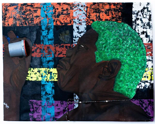 « Akradjo », acrylique et textiles recyclés sur toile, 92 × 117 cm, 2024 — œuvre d'Artkyry