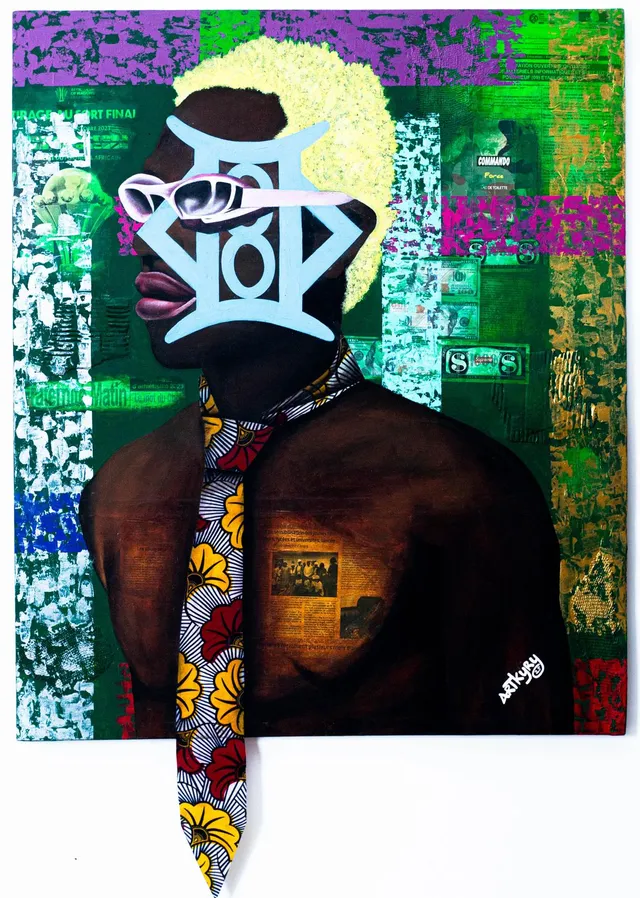 « L'influent — On ne donne pas conseil le week-end », acrylique et papiers recyclés sur toile, 119 × 100 cm, 2025 — œuvre d'Artkyry