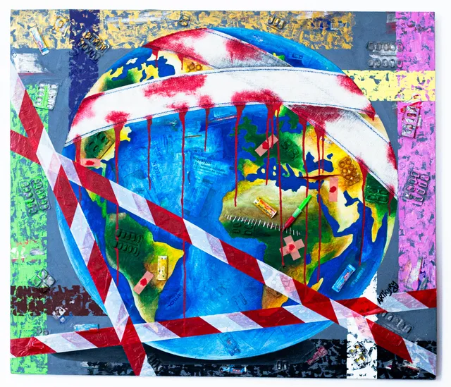 « Le monde est malade », acrylique et matériaux médicaux recyclés sur toile, 98 × 114 cm, 2025 — œuvre d'Artkyry