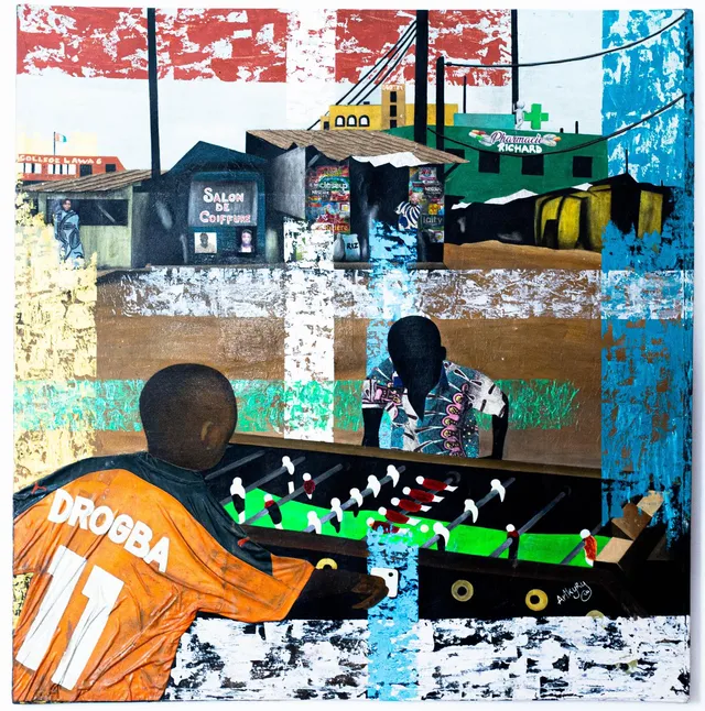 « Les enfants de mon quartier », acrylique et matériaux recyclés sur toile, 150 × 130 cm, 2022 — œuvre d'Artkyry