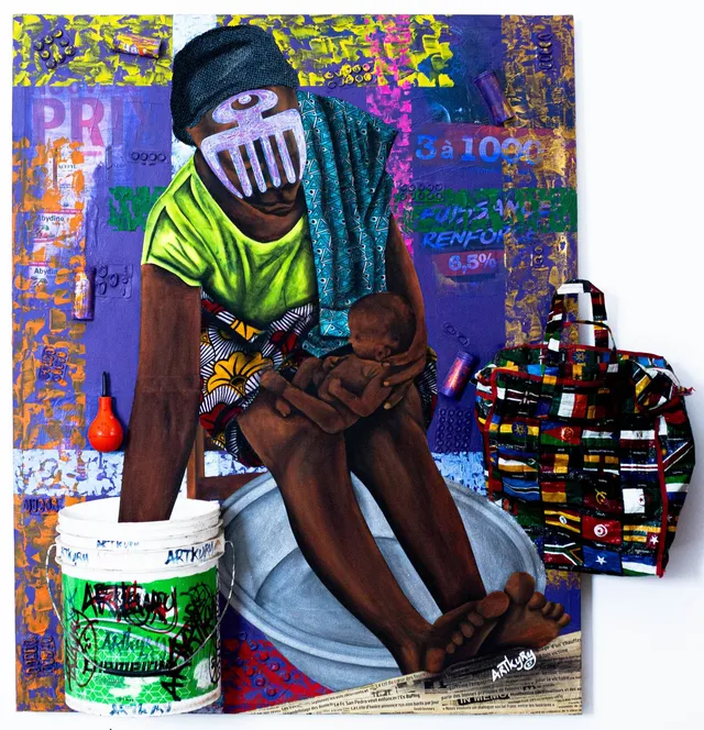 « Merci Maman », acrylique et matériaux recyclés sur toile, 129 × 104 cm, 2025 — œuvre d'Artkyry
